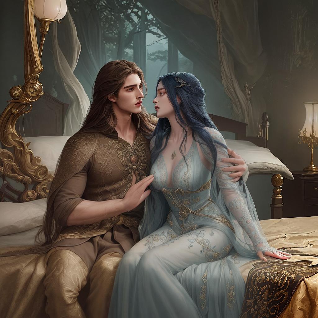  masterpiece, best quality, A surreal and ethereal scene unfolds in the bedroom, as Feyre and Rhys, bound by a powerful curse, share an intimate moment. Soft, dim lighting casts a sensual glow, accentuating their entwined figures. The atmosphere is filled with a mix of desire, vulnerability, and deep connection. The style of the prompt is a beautifully detailed painting, capturing every intricate detail of their bodies and expressions. The realization of this artwork is done using oil paints on a large canvas, bringing out the richness of colors and textures, while maintaining a sense of dreamlike quality.