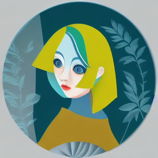 A circle where a cute girl has yellow hair in blue color with different color of leaves and straight posture, over-detailed face and hair