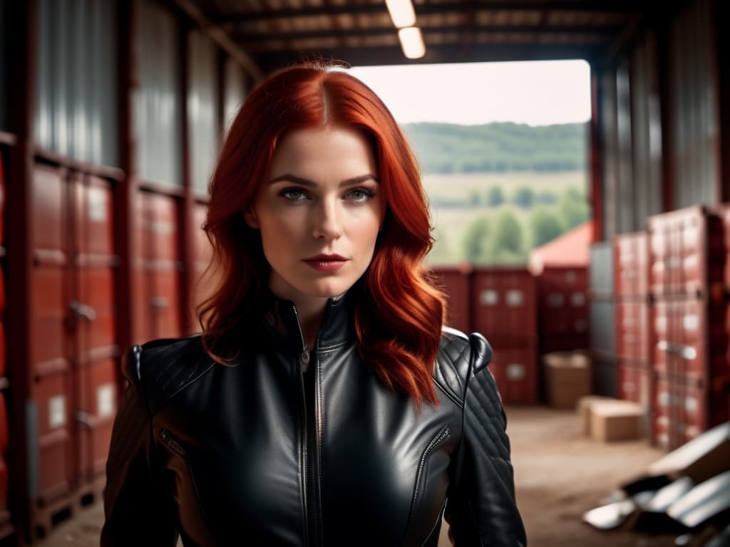  cinematic film still Girl Special Agent with red hair in a leather suit on an abandoned storage . shallow depth of field, vignette, highly detailed, high budget, bokeh, cinemascope, moody, epic, gorgeous, film grain, grainy