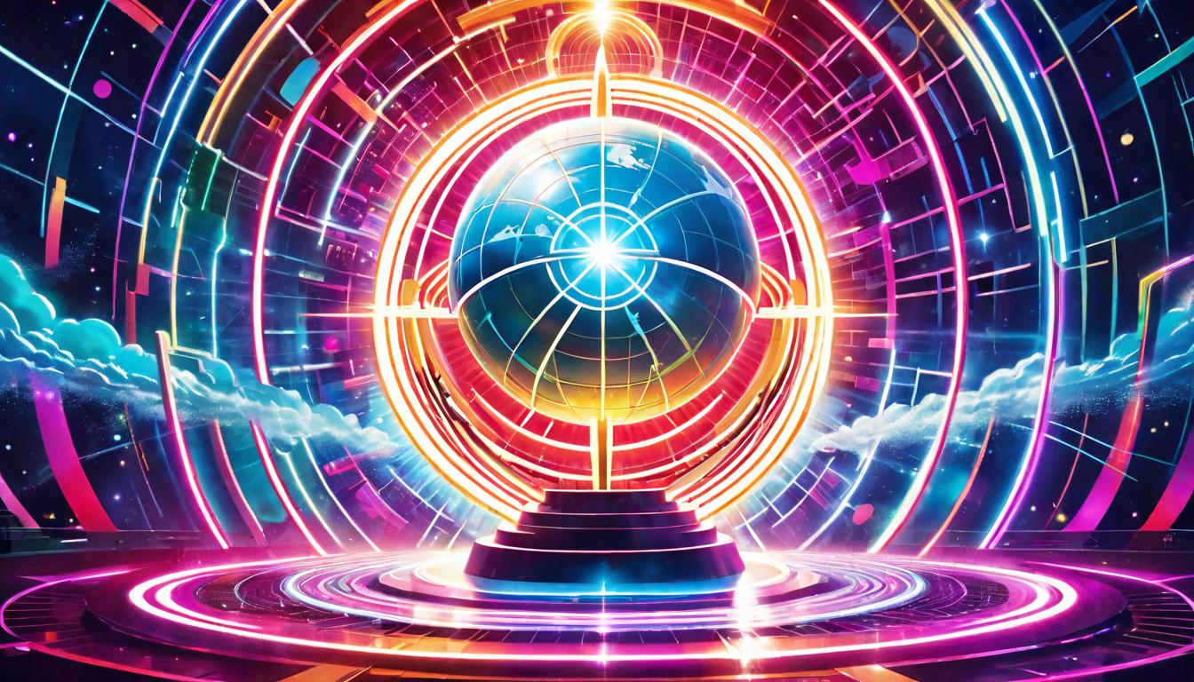  retro futuristic The globe surrounded by concentric circles of light, with vibrant energy pulses feeding into a central, glowing heart. Collective consciousness activation, energy seeds dispersing, transformative waves. lvintage sci fi, 50s and 60s style, atomic age, vibrant, highly detailed