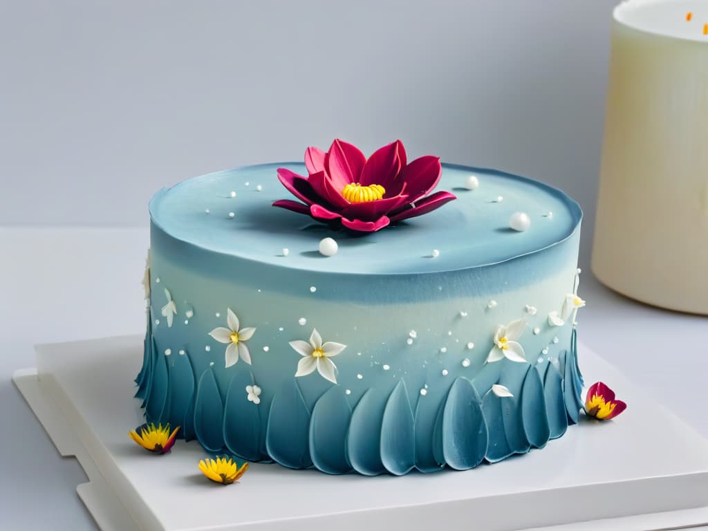  A closeup, ultradetailed image of a perfectly sculpted, intricate sugar flower delicately placed on a sleek, modern cake stand. The flower features delicate petals with lifelike textures and vibrant colors, showcasing the artistry and precision involved in advanced pastry techniques. The background is a soft, blurred gradient that enhances the minimalistic aesthetic, drawing focus solely on the exquisite sugar creation. hyperrealistic, full body, detailed clothing, highly detailed, cinematic lighting, stunningly beautiful, intricate, sharp focus, f/1. 8, 85mm, (centered image composition), (professionally color graded), ((bright soft diffused light)), volumetric fog, trending on instagram, trending on tumblr, HDR 4K, 8K