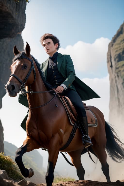  A little boy rode a dark green horse on a rainbow surrounded by cliffs hyperrealistic, full body, detailed clothing, highly detailed, cinematic lighting, stunningly beautiful, intricate, sharp focus, f/1. 8, 85mm, (centered image composition), (professionally color graded), ((bright soft diffused light)), volumetric fog, trending on instagram, trending on tumblr, HDR 4K, 8K