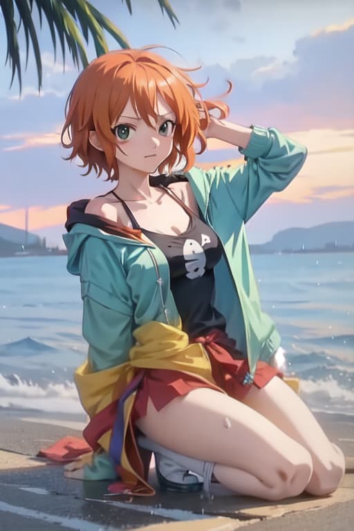  Nami from one piece tweaking in the rain on a beach, full body