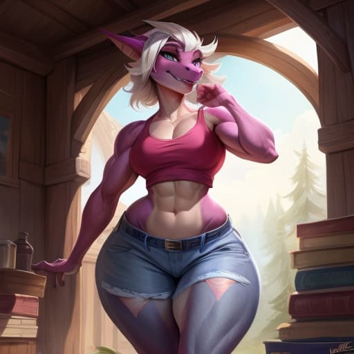  By bonifasko, by Noctoc, (hyper hips:1.3), (hyper butt:1:1), tilt left, standing forward, female, (jeans shorts:1.5), (hands on the waistband of jeans:1.5), androgen, white hair, muscle legs, kobold, magenta color skin., open eyes, digital art, masterpiece, 4k, fine details,