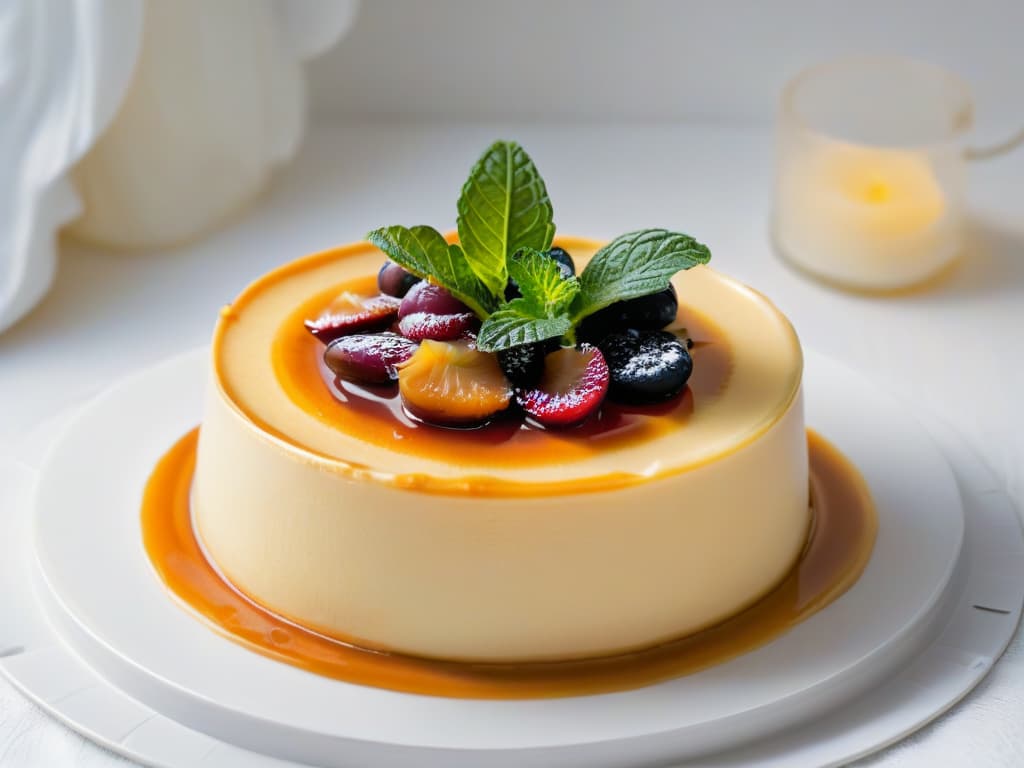  A minimalist image of a perfectly baked flan with a golden caramel topping, sitting on a delicate white porcelain plate, garnished with a single sprig of fresh mint leaves. The flan is perfectly smooth and creamy, with a slight jiggle indicating its luscious texture. The caramel drizzle on top is glossy and inviting, reflecting the light in a captivating way. The background is softly blurred to keep the focus solely on the exquisite dessert, showcasing the simplicity and elegance of a wellexecuted flan. hyperrealistic, full body, detailed clothing, highly detailed, cinematic lighting, stunningly beautiful, intricate, sharp focus, f/1. 8, 85mm, (centered image composition), (professionally color graded), ((bright soft diffused light)), volumetric fog, trending on instagram, trending on tumblr, HDR 4K, 8K