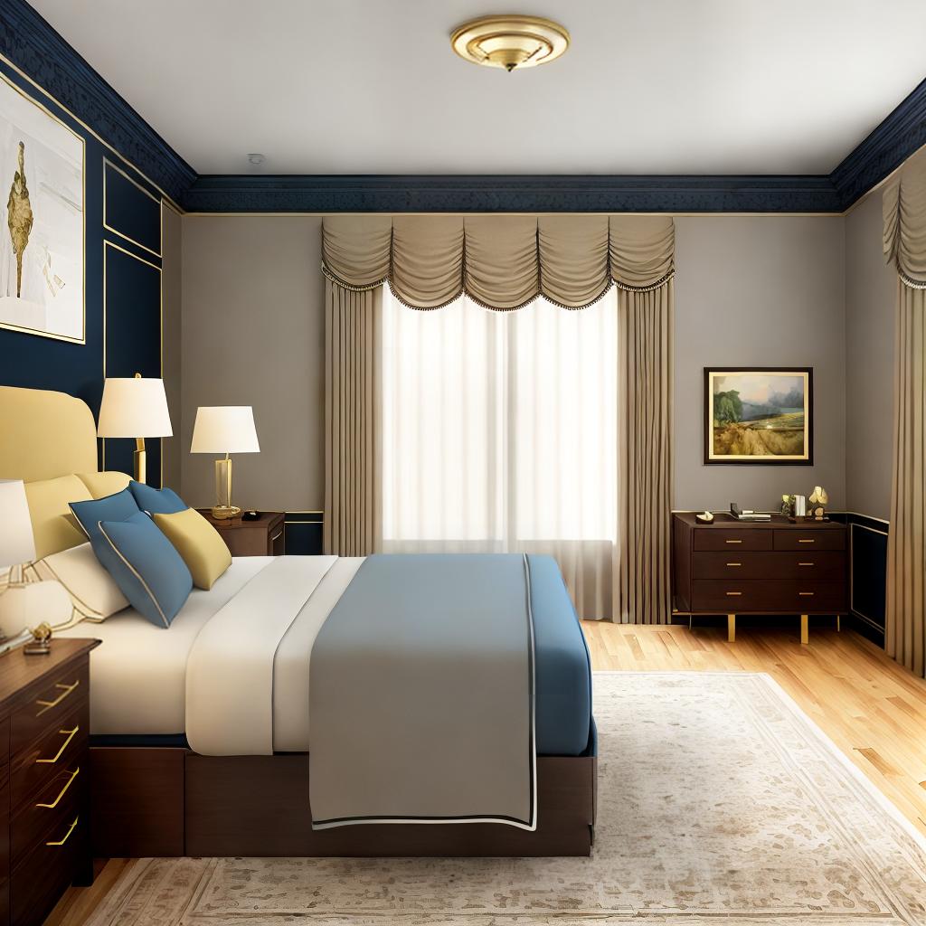  Photorealistic rendering of the interior of a bedroom in Art Deco style, a bed with a padded headboard upholstered in dark blue microvelour, on both sides of the bed are bedside tables made of American walnut with gold handles, on the tables are table lamps with a gold base and a white fabric shade, to the left of the bed is a window covered with transparent tulle and gray-brown curtains, there is an American walnut desk by the window, an imac on the desk, a gray computer chair is attached to the desk, to the right of the bed there is a closet with white fronts and golden handles, the floor is parquet, on the wall behind the headboard there are mirrors, classical moldings and decorative plaster, on the ceiling there are white colored spotli