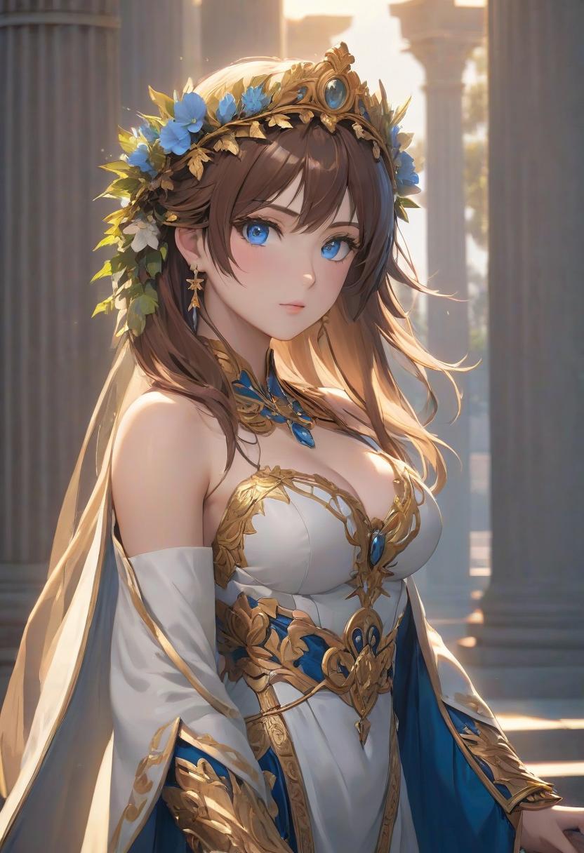  gothic style Woman resembling Aphrodite, brown hair, blue eyes, Greek clothing, golden wreath on head, beautiful face, beautiful and well proportioned body, Greek art, sea and Greek columns in the background, high detail, ((high quality rendering)), ((high quality and detailed work on the face)), sun rays, full body, aesthetic body, beautiful body, full detail, high quality rendering, anime style, portrait style, turned semi profile, 3D anime art, Genshin Impact Pixiv, extremely detailed, aesthetic, concept art, ultra fine detailing, stunning, 8K resolution. . dark, mysterious, haunting, dramatic, ornate, detailed hyperrealistic, full body, detailed clothing, highly detailed, cinematic lighting, stunningly beautiful, intricate, sharp focus, f/1. 8, 85mm, (centered image composition), (professionally color graded), ((bright soft diffused light)), volumetric fog, trending on instagram, trending on tumblr, HDR 4K, 8K