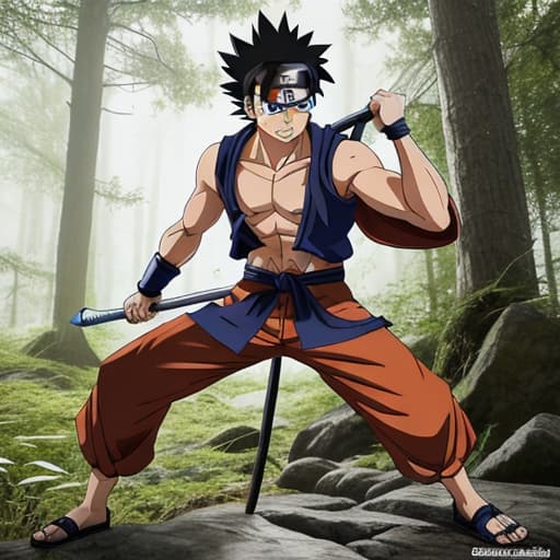  "Um guerreiro com cabelo preto espetado e olhos grandes e expressivos, combinando os estilos de Goku, Naruto e Luffy. Ele veste uma combinação das roupas de seus três mundos: a faixa laranja e azul de Naruto, o uniforme azul e laranja de Goku, e o colete vermelho com o símbolo do chapéu de palha de Luffy. Nas costas, carrega uma katana semelhante à de Zoro, e usa sandálias ninja. Seus punhos brilham com o poder do ki de Goku, cercado pelo manto de chakra de Nove Caudas de Naruto e pelo Haki de Luffy." Epic Aerials hyperrealistic, full body, detailed clothing, highly detailed, cinematic lighting, stunningly beautiful, intricate, sharp focus, f/1. 8, 85mm, (centered image composition), (professionally color graded), ((bright soft diffused light)), volumetric fog, trending on instagram, trending on tumblr, HDR 4K, 8K