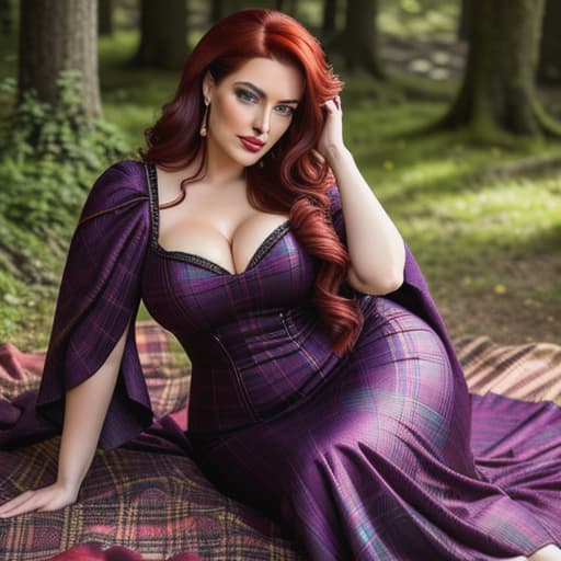  /send image of Amythyst, a woman with voluminous dark red hair in a loose gibson style wearing a purple tartan victorian gown while a picnic blanketed in the warmth of the afternoon sun, she sits side by side with Feannag on a soft plaid blanket out beneath a canopy of lush trees. Her hair is pulled back into a big loose gibson bun adorned with several gold-plated combs that shimmer like stars against her dark red mane. This style accentuates her regal purple Victorian gown - every curve and contour emphasized by its flowing lines as it falls down past her ankles. The tartan pattern woven through its fabric adds just enough color to highlight her sumptuous beauty further. hyperrealistic, full body, detailed clothing, highly detailed, cinematic lighting, stunningly beautiful, intricate, sharp focus, f/1. 8, 85mm, (centered image composition), (professionally color graded), ((bright soft diffused light)), volumetric fog, trending on instagram, trending on tumblr, HDR 4K, 8K