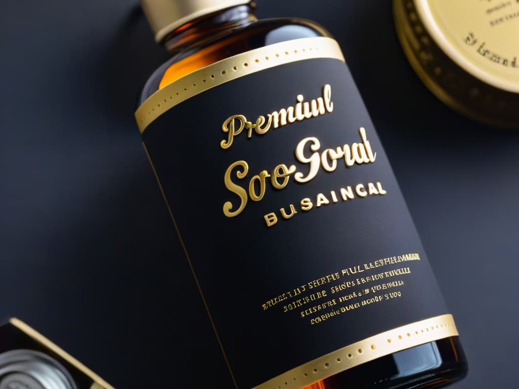  A closeup, ultradetailed image of a crystalclear glass bottle filled with goldenhued balsamic vinegar, placed on a sleek, matte black surface. The label, exquisitely designed with elegant typography, reads "Premium Artisanal Balsamic Vinegar" in embossed gold lettering. The light reflects off the bottle, showcasing its smooth curves and the rich, viscous liquid within, creating a luxurious and sophisticated visual appeal. hyperrealistic, full body, detailed clothing, highly detailed, cinematic lighting, stunningly beautiful, intricate, sharp focus, f/1. 8, 85mm, (centered image composition), (professionally color graded), ((bright soft diffused light)), volumetric fog, trending on instagram, trending on tumblr, HDR 4K, 8K