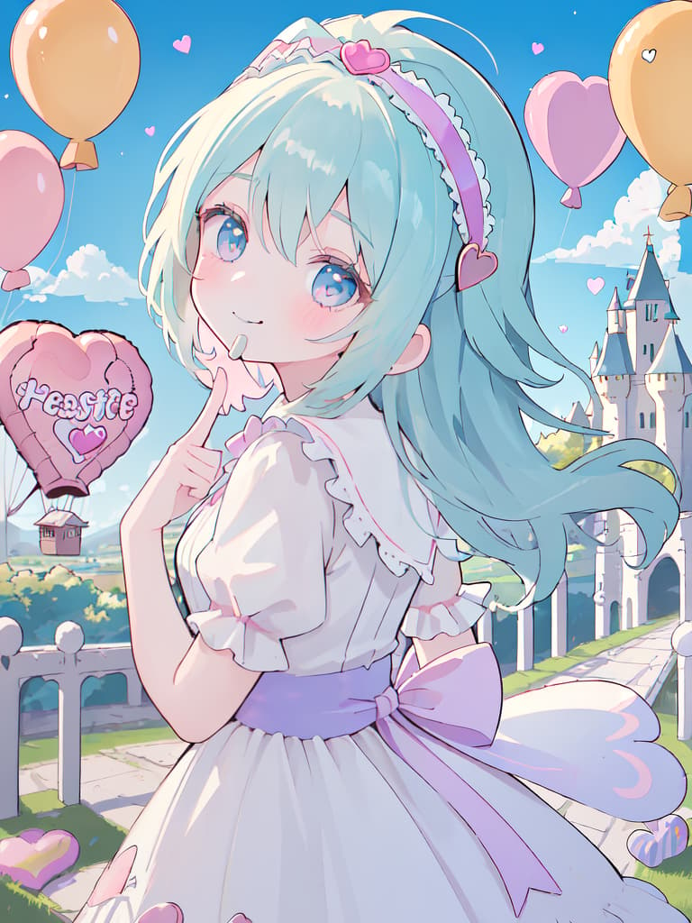  ultra detailed:1.2,masterpiece:1.2,best quality,masterpiece,bestquality,hdr:1.1,8k:1.1,very cute girl:1.3,(old castle:1.2),(heart shaped balloon:1.3),candy stripe dress:1.3,looking back:1.3,ribbon headband:1.3,head tilt:1.4,(right hand finger to mouth:1.5),seductive smile:1.4,upper body:1.1, masterpiece, best quality,8k,ultra detailed,high resolution,an extremely delicate and beautiful,hyper detail