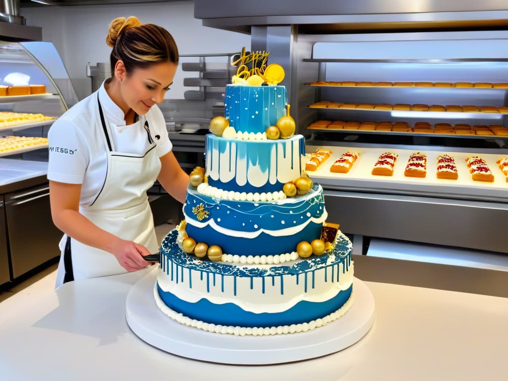  A photorealistic image of a professional baker using augmented reality technology to decorate a multitiered cake. The baker is wearing a crisp white apron and meticulously placing intricate digital decorations onto the cake with precision. The background shows a modern bakery kitchen filled with advanced baking equipment, enhancing the inspirational and informative tone of the article. hyperrealistic, full body, detailed clothing, highly detailed, cinematic lighting, stunningly beautiful, intricate, sharp focus, f/1. 8, 85mm, (centered image composition), (professionally color graded), ((bright soft diffused light)), volumetric fog, trending on instagram, trending on tumblr, HDR 4K, 8K