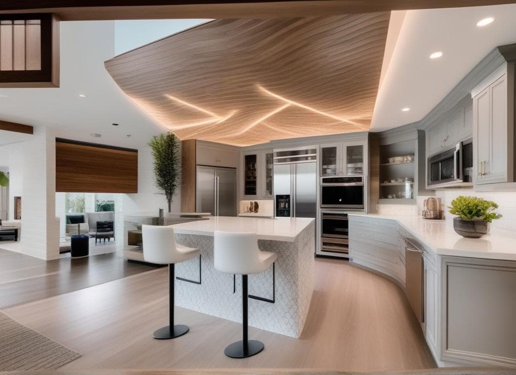 ultra realistic photograph of modern style kitchen, 8k uhd, highly detailed, photorealistic, architectural photography, interior design magazine quality, preserve original lighting conditions and time of day from input image, masterpiece, best quality, ultra realistic, photographic quality, professional lighting matching input image, 8k uhd, highly detailed interior design, architectural digest quality, volumetric lighting, ray tracing, professional color grading, maintain same time of day as input image, clean lines, minimalist, sleek surfaces, neutral colors, uncluttered space, contemporary furniture, geometric patterns, open concept, functional workspace, quality appliances, countertop space, cabinetry, island or dining area, task lighti