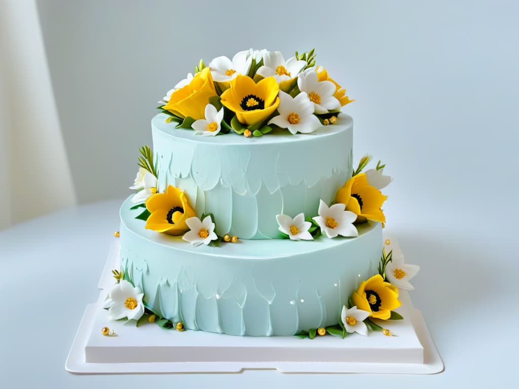  An ultradetailed closeup image of a beautifully decorated threetiered cake, showcasing intricate piping work, delicate fondant flowers, and shimmering edible gold accents. The cake sits on a sleek, white marble countertop, with soft natural light illuminating the details, creating a visually stunning and elegant composition. hyperrealistic, full body, detailed clothing, highly detailed, cinematic lighting, stunningly beautiful, intricate, sharp focus, f/1. 8, 85mm, (centered image composition), (professionally color graded), ((bright soft diffused light)), volumetric fog, trending on instagram, trending on tumblr, HDR 4K, 8K