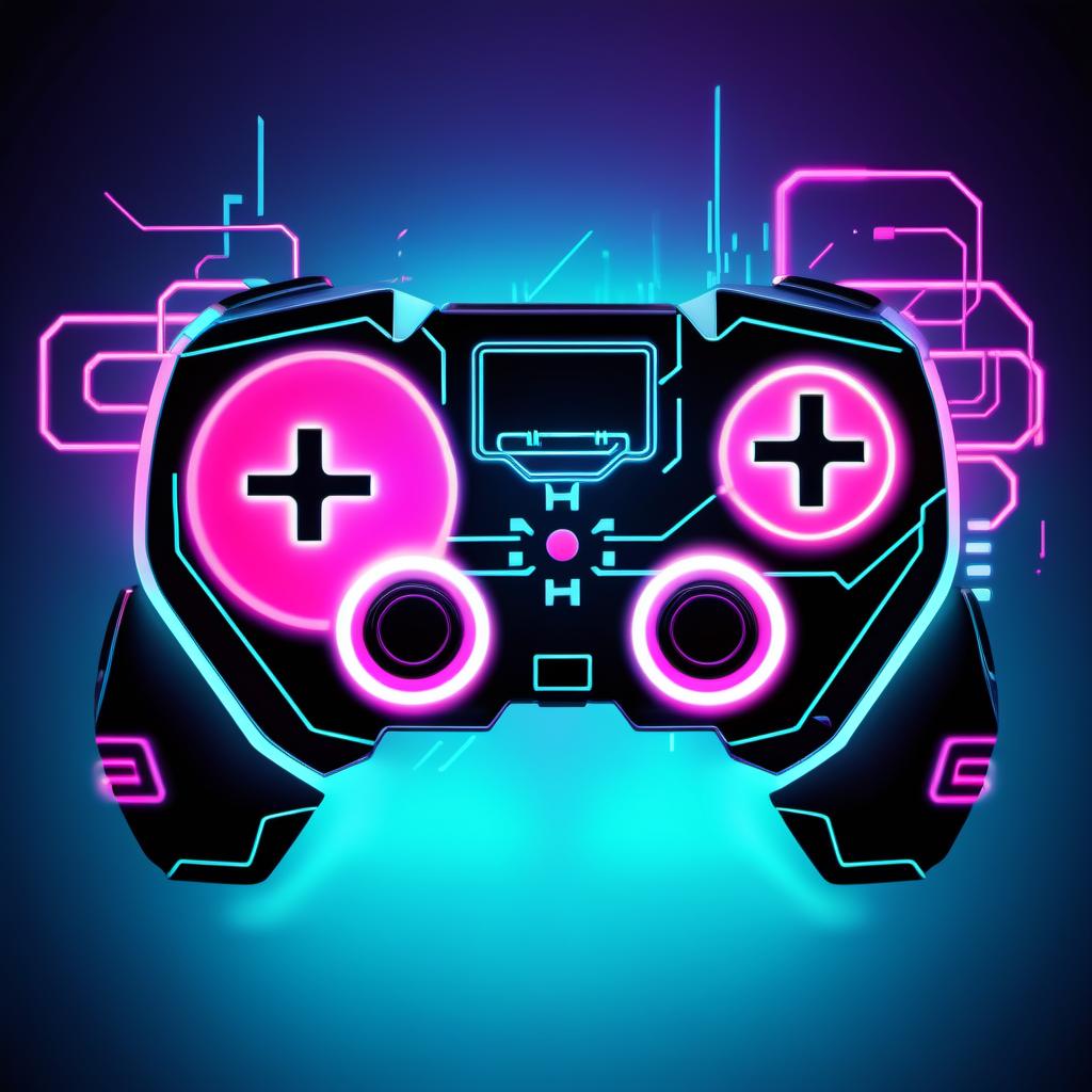  cyberpunk game style Abstract icon in the form of a game controller, with a symbolic overlay of the name "prostogamer". . neon, dystopian, futuristic, digital, vibrant, detailed, high contrast, reminiscent of cyberpunk genre video games