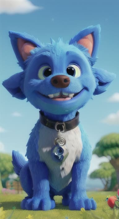  {Max carefully picking up the ball with his teeth without disturbing the flowers, The big blue dog is large with sky blue fur, big round eyes, a black nose, and floppy ears.