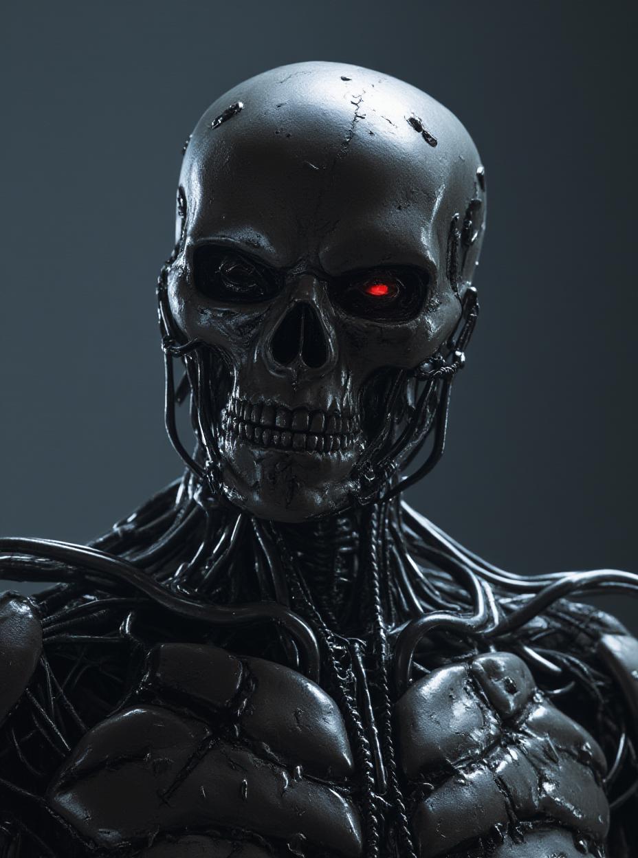  detail, photo, cinscene, dreamwalking create a highly detailed, dynamic portrait of an evil, cyborg terminator robot. incorporate hidden details and a hyper realistic attention to detail. achieve a style with high dynamic range, delivering a packed composition with an aspect.