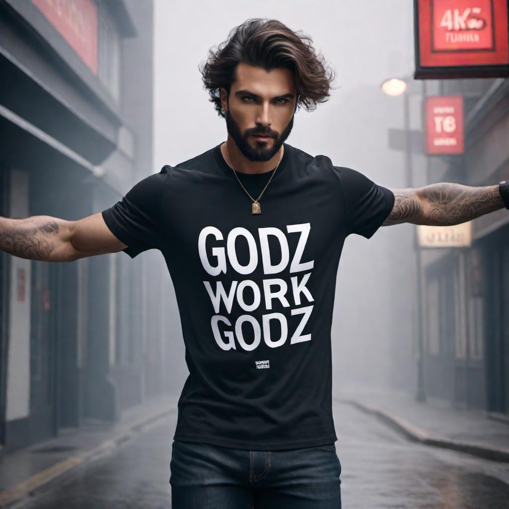  Design a T-shirt featuring the text 'GODZ WORK' in a stylish font. The design should be in single color black. Keep the design suitable for a central placement on the front of a short sleeve T-shirt. Include some subtle artistic elements around the text to complement the design, while maintaining a sleek and modern look appropriate for both casual and semi-formal wear. hyperrealistic, full body, detailed clothing, highly detailed, cinematic lighting, stunningly beautiful, intricate, sharp focus, f/1. 8, 85mm, (centered image composition), (professionally color graded), ((bright soft diffused light)), volumetric fog, trending on instagram, trending on tumblr, HDR 4K, 8K