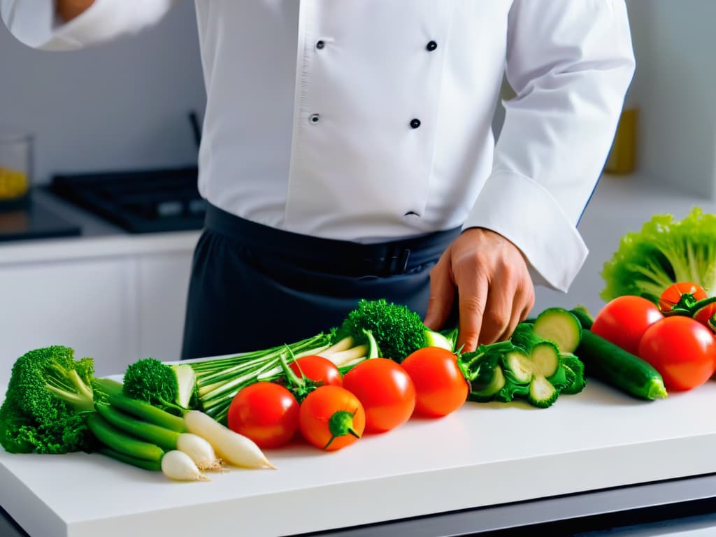  A serene, minimalist image of a chef's hands expertly slicing fresh vegetables on a sleek, modern kitchen counter. The focus is on the precision and skill of the chef's technique, with vibrant colors of the vegetables contrasting against the clean, white backdrop, creating a visually striking and inspiring culinary scene. hyperrealistic, full body, detailed clothing, highly detailed, cinematic lighting, stunningly beautiful, intricate, sharp focus, f/1. 8, 85mm, (centered image composition), (professionally color graded), ((bright soft diffused light)), volumetric fog, trending on instagram, trending on tumblr, HDR 4K, 8K