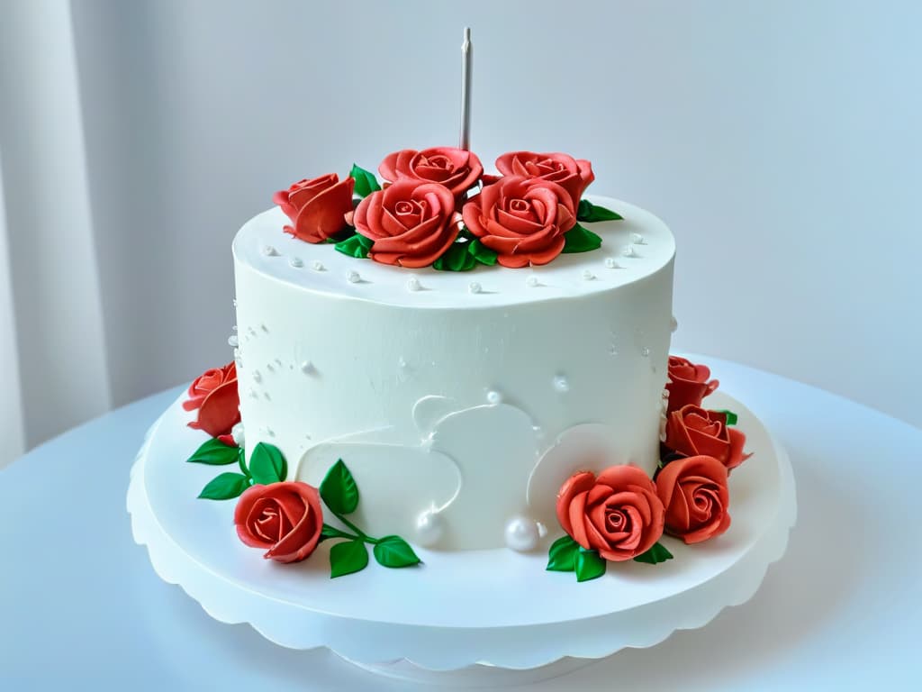  A photorealistic image of a pristine white fondant cake with intricate rose decorations cascading down the side, set against a softfocused background to emphasize the delicate details of the fondant work. The cake is elegantly displayed on a crystalclear cake stand, catching the light in a way that highlights its flawless finish and professional craftsmanship. The roses are so lifelike that one can almost imagine catching their sweet fragrance, making it an inspiring visual guide for beginners looking to create their own fondant masterpiece. hyperrealistic, full body, detailed clothing, highly detailed, cinematic lighting, stunningly beautiful, intricate, sharp focus, f/1. 8, 85mm, (centered image composition), (professionally color graded), ((bright soft diffused light)), volumetric fog, trending on instagram, trending on tumblr, HDR 4K, 8K