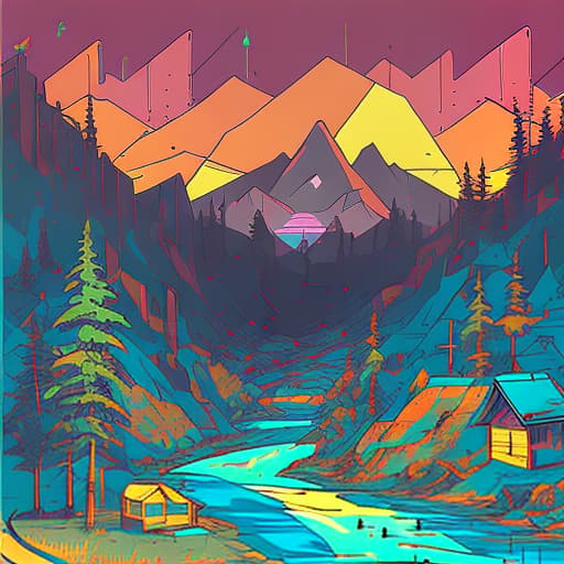 nvinkpunk Whimsical mountains with trees and cabin in valley