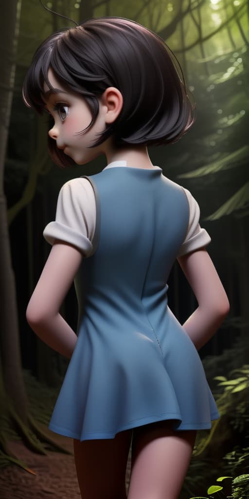  little-girl, in a short dress, with her back, in the forest