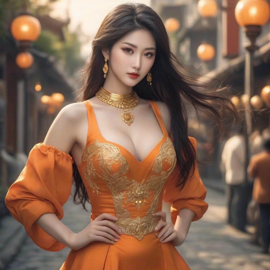  A cartoon girl in an orange costume with gold jewelry, in the style of miho hirano, light yellow and dark brown, close up, traditional costumes, childlike simplicity, comic art, tondo hyperrealistic, full body, detailed clothing, highly detailed, cinematic lighting, stunningly beautiful, intricate, sharp focus, f/1. 8, 85mm, (centered image composition), (professionally color graded), ((bright soft diffused light)), volumetric fog, trending on instagram, trending on tumblr, HDR 4K, 8K