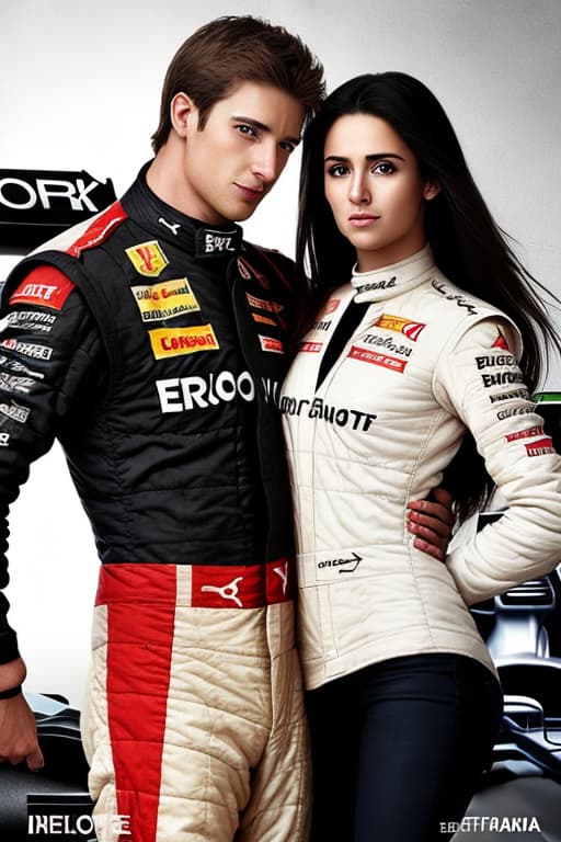  Book cover F1 driver that falls in love with female bodyguard. The background is them holding each other in their arms and looking intensely at their eyes and the F1 track on the back with a car.