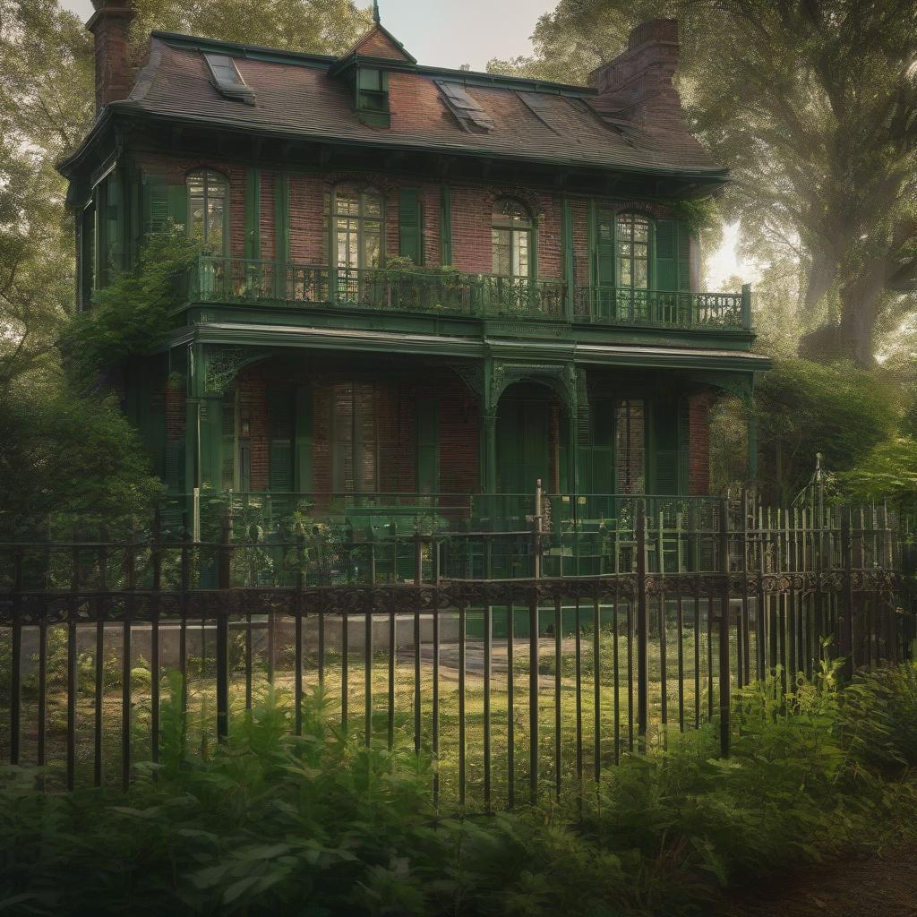  A green two story cottage, behind a high iron fence and shutters on the windows. A brick cottage nearby. hyperrealistic, full body, detailed clothing, highly detailed, cinematic lighting, stunningly beautiful, intricate, sharp focus, f/1. 8, 85mm, (centered image composition), (professionally color graded), ((bright soft diffused light)), volumetric fog, trending on instagram, trending on tumblr, HDR 4K, 8K