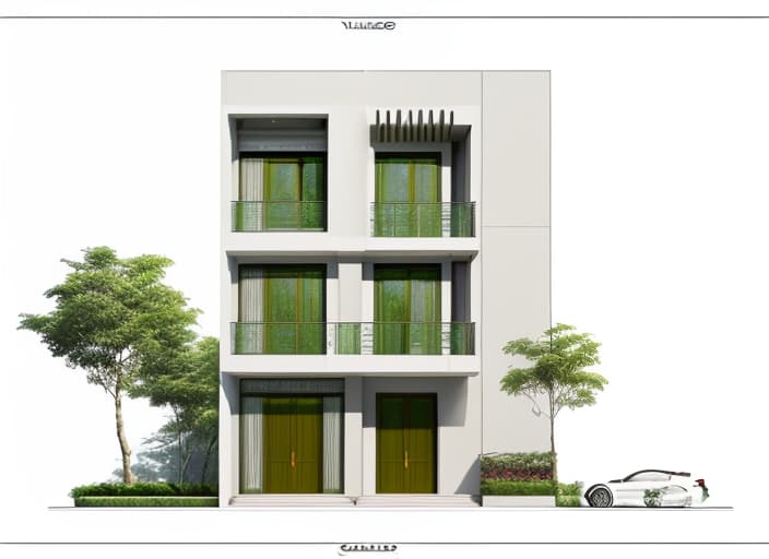  Villa facade perspective, modern, luxurious architectural style, harmonious colors with green trees, beautiful light