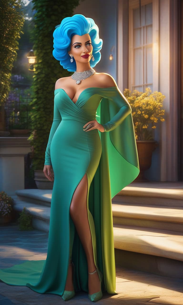  cinematic film still Character Marge Simpson, concept art, with showy blue hair, smiling, showing teeth, wearing a long green evening gown, a diamond necklace, standing on the porch of the house, 2D, anime, extremely hyper detailed clothing, (extremely hyper detailed face), (masterpiece: 1.4), (perfect eyes: 1.1), (deep green colored eyes) . shallow depth of field, vignette, highly detailed, high budget, bokeh, cinemascope, moody, epic, gorgeous, film grain, grainy hyperrealistic, full body, detailed clothing, highly detailed, cinematic lighting, stunningly beautiful, intricate, sharp focus, f/1. 8, 85mm, (centered image composition), (professionally color graded), ((bright soft diffused light)), volumetric fog, trending on instagram, trending on tumblr, HDR 4K, 8K