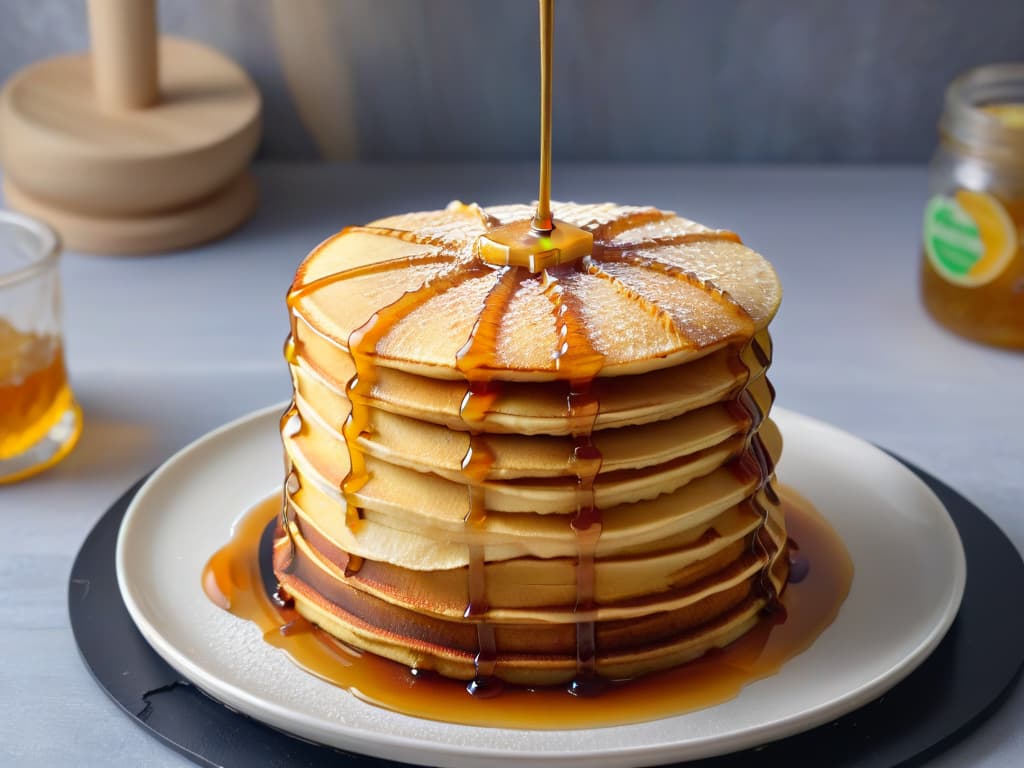  A closeup, ultradetailed image of a perfectly golden vegan honey drizzle cascading down the side of a stack of fluffy vegan pancakes, with small droplets suspended midair, highlighting the intricate textures and glossy shine of the honey substitute. The pancakes are artfully arranged on a sleek, matte black plate, set against a soft, blurred background to emphasize the minimalistic aesthetic. hyperrealistic, full body, detailed clothing, highly detailed, cinematic lighting, stunningly beautiful, intricate, sharp focus, f/1. 8, 85mm, (centered image composition), (professionally color graded), ((bright soft diffused light)), volumetric fog, trending on instagram, trending on tumblr, HDR 4K, 8K