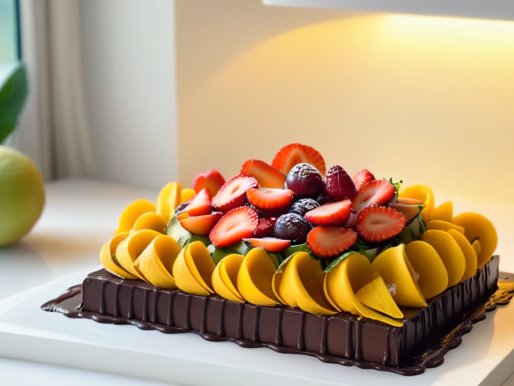  A stunning, highresolution image of a minimalist kitchen counter adorned with beautifully crafted edible decorations made from fruit peels, chocolate shavings, and delicate sugar sculptures. The soft ambient lighting highlights the intricate details of the edible decorations, showcasing the artistry and creativity involved in sustainable and innovative pastry decoration. hyperrealistic, full body, detailed clothing, highly detailed, cinematic lighting, stunningly beautiful, intricate, sharp focus, f/1. 8, 85mm, (centered image composition), (professionally color graded), ((bright soft diffused light)), volumetric fog, trending on instagram, trending on tumblr, HDR 4K, 8K