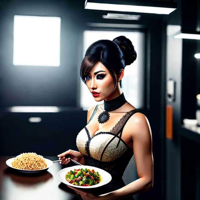  Photo, portrait, career, black eyes, takeaway, instant noodles, super realism hyperrealistic, full body, detailed clothing, highly detailed, cinematic lighting, stunningly beautiful, intricate, sharp focus, f/1. 8, 85mm, (centered image composition), (professionally color graded), ((bright soft diffused light)), volumetric fog, trending on instagram, trending on tumblr, HDR 4K, 8K