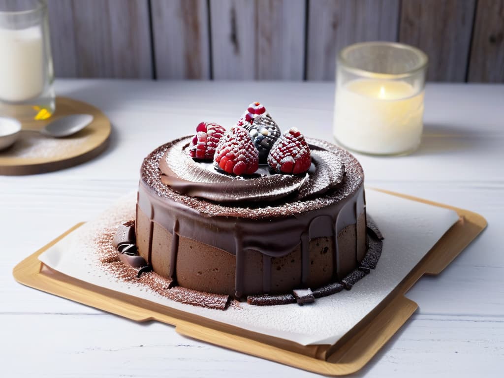  A closeup, photorealistic image of a decadent sugarfree chocolate lava cake topped with fresh raspberries and a dusting of powdered erythritol, sitting on a delicate white plate against a rustic wooden backdrop. The cake oozes rich, molten chocolate, creating a mouthwatering and indulgent visual feast. The vibrant red of the raspberries contrasts beautifully with the dark chocolate, while the intricate details of the dessert's texture and shine are incredibly lifelike, making it an irresistible and inclusive dessert option for those with diabetes. hyperrealistic, full body, detailed clothing, highly detailed, cinematic lighting, stunningly beautiful, intricate, sharp focus, f/1. 8, 85mm, (centered image composition), (professionally color graded), ((bright soft diffused light)), volumetric fog, trending on instagram, trending on tumblr, HDR 4K, 8K