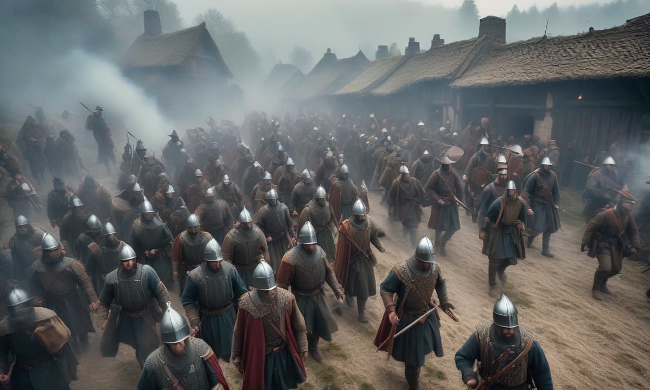  Medieval peasant militia marching from above. hyperrealistic, full body, detailed clothing, highly detailed, cinematic lighting, stunningly beautiful, intricate, sharp focus, f/1. 8, 85mm, (centered image composition), (professionally color graded), ((bright soft diffused light)), volumetric fog, trending on instagram, trending on tumblr, HDR 4K, 8K