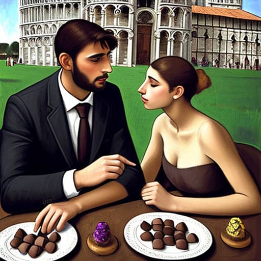  Attractive Beautiful young modern Italian couple dressed in modern designer attire looking. Foreground plates of fine dark chocolates on a table. Background leaning tower of Pisa. Painting style of Edgar Degas