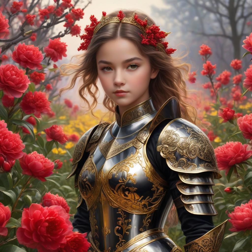  A girl in armor. A black sword with gold details. Fire. The rigor of the lines. Power. The sword gives off electric shocks. Highly detailed, highly detailed, highly detailed image and all details. ((Sparkling rim)): spring field, hyacinths, roses, rosehips, rose hips, peonies, cherry tree, yellow, red, black flowers, forget me nots. Nature in the background, spring, delight. Luxury, richness. High quality. Swarovski, pandora. The Emerald Palace, the towers. Holobue sky. Golden spires, Gothic style. Fantasy, fairy tale. Poppy field in front of palace. Emerald stones, Green Alley.Luxury, wealth. spring field, hyacinths, roses, rosehips, rose hips, peonies, cherry tree, yellow, red, black flowers, forget me nots. Honoré Fargonard, Alfonso M hyperrealistic, full body, detailed clothing, highly detailed, cinematic lighting, stunningly beautiful, intricate, sharp focus, f/1. 8, 85mm, (centered image composition), (professionally color graded), ((bright soft diffused light)), volumetric fog, trending on instagram, trending on tumblr, HDR 4K, 8K