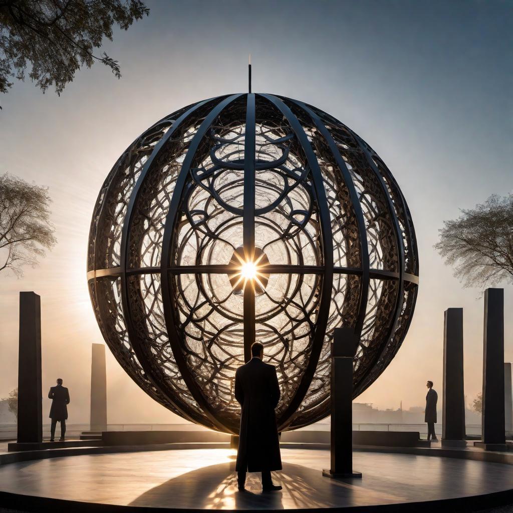  A large, intricate spherical structure with patterns that resemble interconnected lines and circles, creating a geometric lattice appearance. The sphere is metallic and reflects light, casting shadows. There is a bright light source at the center of the sphere radiating outwards, creating an illuminating effect. In front of the sphere, a silhouette of a person stands with their back to the viewer, appearing in contemplation or admiration. The person is wearing a long coat, adding to the dramatic and enigmatic atmosphere. The lighting casts rays around the sphere, highlighting its intricate design. The scene is set on a plain surface with a light shining from behind, causing the person's shadow to project towards the viewer, creating a mood  hyperrealistic, full body, detailed clothing, highly detailed, cinematic lighting, stunningly beautiful, intricate, sharp focus, f/1. 8, 85mm, (centered image composition), (professionally color graded), ((bright soft diffused light)), volumetric fog, trending on instagram, trending on tumblr, HDR 4K, 8K