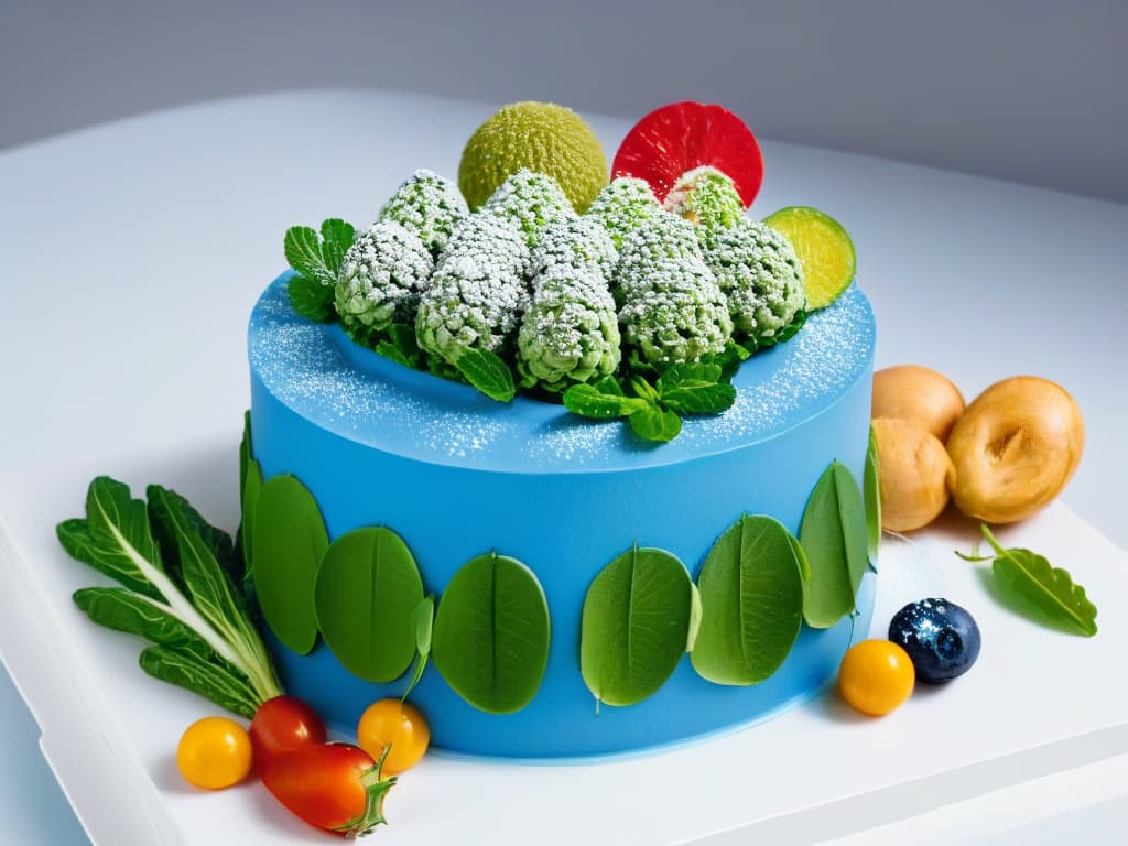  An intricately designed molecular structure made entirely of plantbased ingredients, showcasing the fusion of molecular gastronomy with vegan principles. The image features vibrant colors and intricate details, symbolizing the harmonious blend of science, creativity, and ethical choices in the realm of vegan molecular pastry. hyperrealistic, full body, detailed clothing, highly detailed, cinematic lighting, stunningly beautiful, intricate, sharp focus, f/1. 8, 85mm, (centered image composition), (professionally color graded), ((bright soft diffused light)), volumetric fog, trending on instagram, trending on tumblr, HDR 4K, 8K