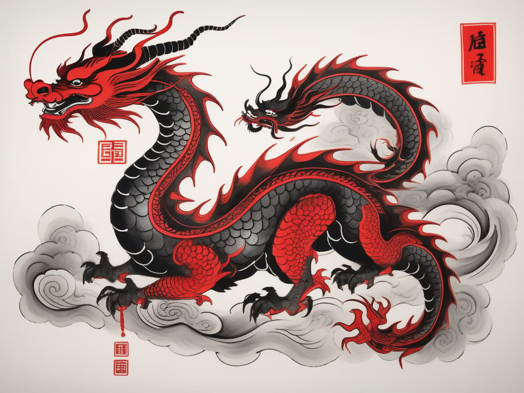  Shuǐmò huà, 水墨画, black and red ink, a dragon in chinese style, ink art by mschiffer, whimsical, rough sketch.