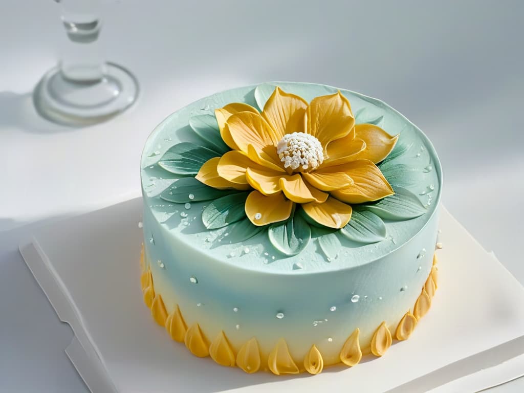  A closeup, ultradetailed image of a perfectly sculpted, intricate sugar flower delicately placed on a pristine white fondant cake. The petals of the flower showcase a lifelike texture with visible veins and a gradient of soft pastel hues, while the center boasts tiny, glistening sugar dew drops. Light reflects off the surface, emphasizing the meticulous craftsmanship and artistry involved in creating such a masterpiece. hyperrealistic, full body, detailed clothing, highly detailed, cinematic lighting, stunningly beautiful, intricate, sharp focus, f/1. 8, 85mm, (centered image composition), (professionally color graded), ((bright soft diffused light)), volumetric fog, trending on instagram, trending on tumblr, HDR 4K, 8K