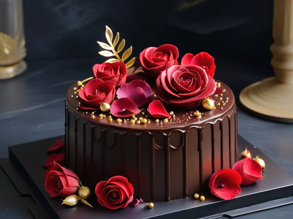  A closeup, ultradetailed image of a luxurious chocolate cake glazed with shimmering ruby chocolate ganache, adorned with delicate rose petals and gold leaf accents, set against a sleek, black marble backdrop. The ruby chocolate glaze glistens under soft, natural lighting, showcasing its vibrant pink hue and glossy finish, while the intricate details of the cake's layers and decorations are sharply defined, creating a visually striking and elegant composition that exudes sophistication and indulgence. hyperrealistic, full body, detailed clothing, highly detailed, cinematic lighting, stunningly beautiful, intricate, sharp focus, f/1. 8, 85mm, (centered image composition), (professionally color graded), ((bright soft diffused light)), volumetric fog, trending on instagram, trending on tumblr, HDR 4K, 8K