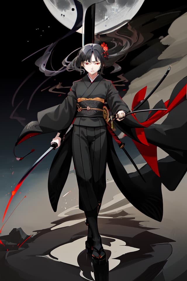  One, one , black kimono, black hair, black eyes, Japanese swords, long swords, hips, hold a sword, night, moon, serious expression, cooling face , Glowing eyes, small s, slender, imminent, running, cutting, riding, sprinting, stepping in, dust, wind, slashing