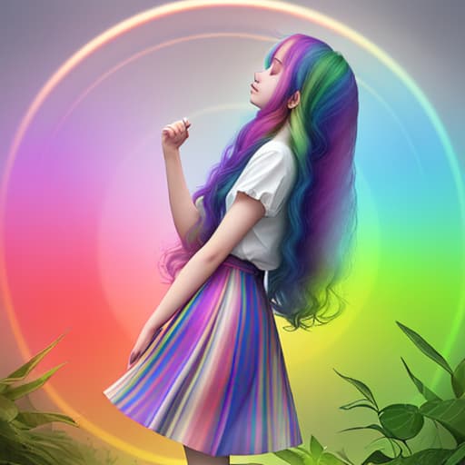  A circle where a girl has hair in rainbow color with different color of leaves and straight posture