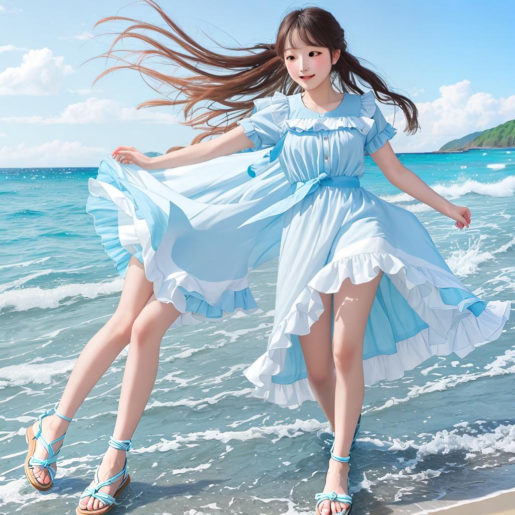  Masterpiece, best quality, light blue ruffled top + white + blue sandals: fresh and refined, like the sea spirit. On a breezy summer beach, a wearing this set, running on the beach play, the hem and fluttering in the wind, and the waves, blue sky contrast.