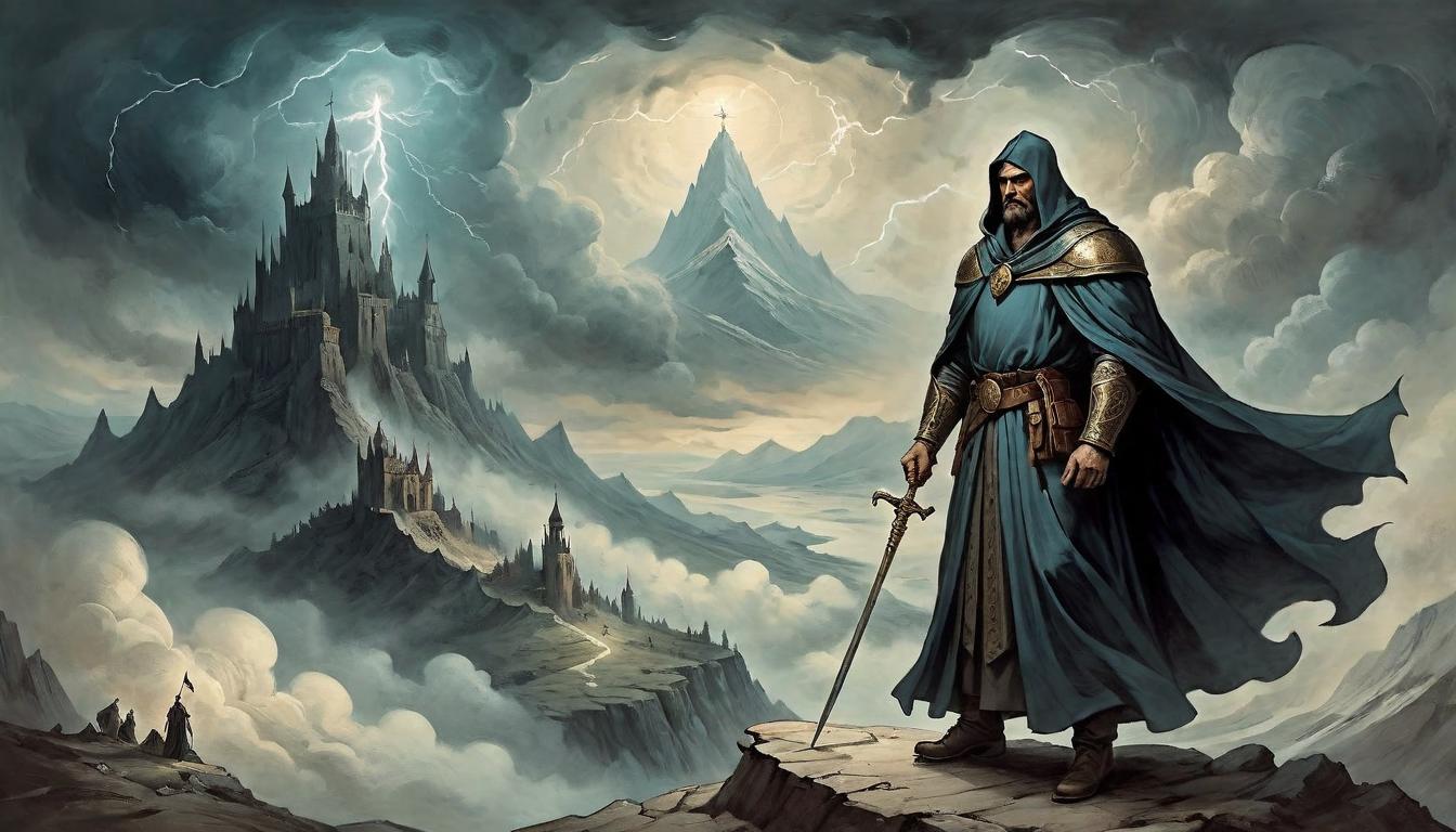  on parchment, surrealism+++, A figure standing defiantly atop a peak, cloak billowing, facing a storm with calm determination, charged with the legacy of past heroes, guardian of the present, torchbearer for the future(mysterious, provocative, symbolic,muted color)+++