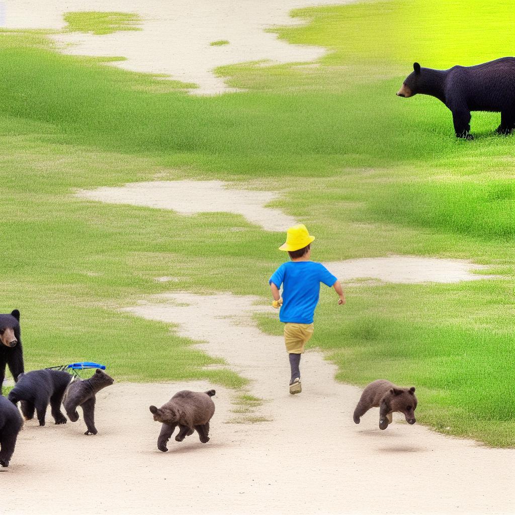  a boy with yellow hat, blue shirt, green shorts is chasing by a black bear