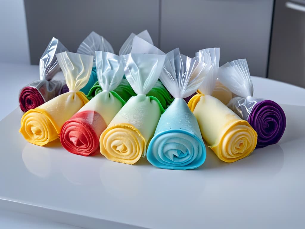  An ultradetailed, highresolution image of various topquality pastry bags neatly arranged on a sleek, modern kitchen countertop. Each pastry bag is filled with vibrant colored icing, showcasing different piping tips and designs. The soft lighting highlights the glossy texture of the bags, creating a visually appealing and professional aesthetic that is sure to inspire aspiring bakers and pastry enthusiasts. hyperrealistic, full body, detailed clothing, highly detailed, cinematic lighting, stunningly beautiful, intricate, sharp focus, f/1. 8, 85mm, (centered image composition), (professionally color graded), ((bright soft diffused light)), volumetric fog, trending on instagram, trending on tumblr, HDR 4K, 8K