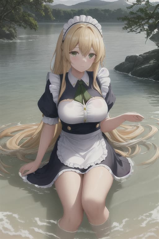  (score 9,score 8 up,score 7 up,),1girl,solo,maid,maid headdress,looking at viewer,outdoor,lake,apron,blonde hair,indoors,green eyes,bare foot,two feet in the water hyperrealistic, full body, detailed clothing, highly detailed, cinematic lighting, stunningly beautiful, intricate, sharp focus, f/1. 8, 85mm, (centered image composition), (professionally color graded), ((bright soft diffused light)), volumetric fog, trending on instagram, trending on tumblr, HDR 4K, 8K